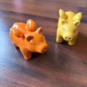 Flying Pig Salt and Pepper Shakers Set Orange Yellow Ceramic Winged Piglets